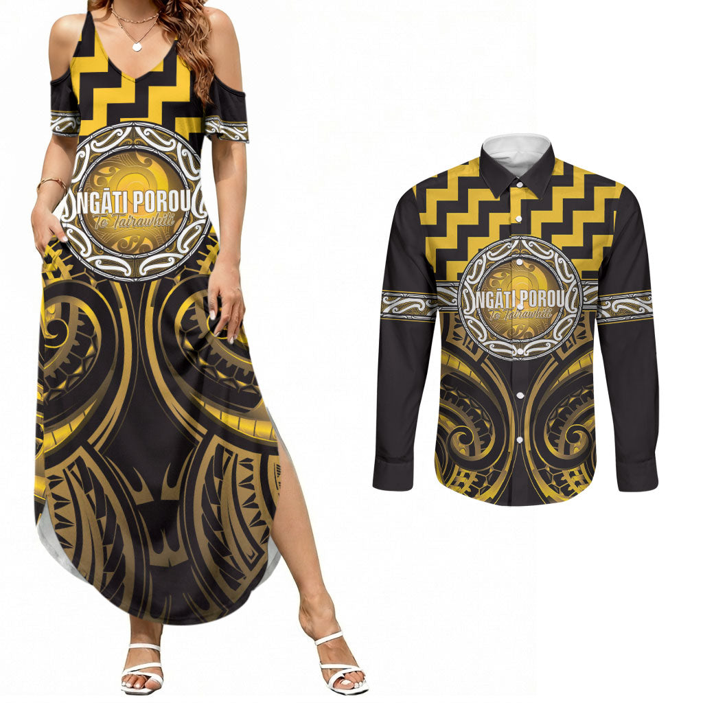 Aotearoa Ngati Porou Personalised Couples Matching Summer Maxi Dress and Long Sleeve Button Shirt Maori Iwi Poutama Puhoro Tattoo