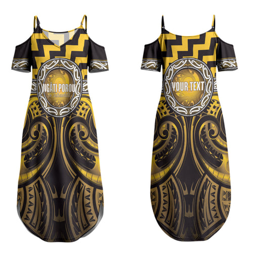 Aotearoa Ngati Porou Personalised Couples Matching Summer Maxi Dress and Long Sleeve Button Shirt Maori Iwi Poutama Puhoro Tattoo