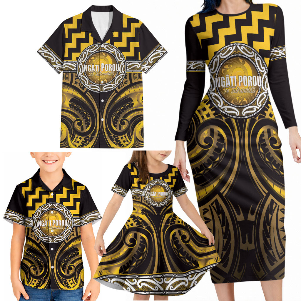 Aotearoa Ngati Porou Personalised Family Matching Long Sleeve Bodycon Dress and Hawaiian Shirt Maori Iwi Poutama Puhoro Tattoo