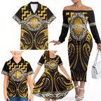 Aotearoa Ngati Porou Personalised Family Matching Off The Shoulder Long Sleeve Dress and Hawaiian Shirt Maori Iwi Poutama Puhoro Tattoo