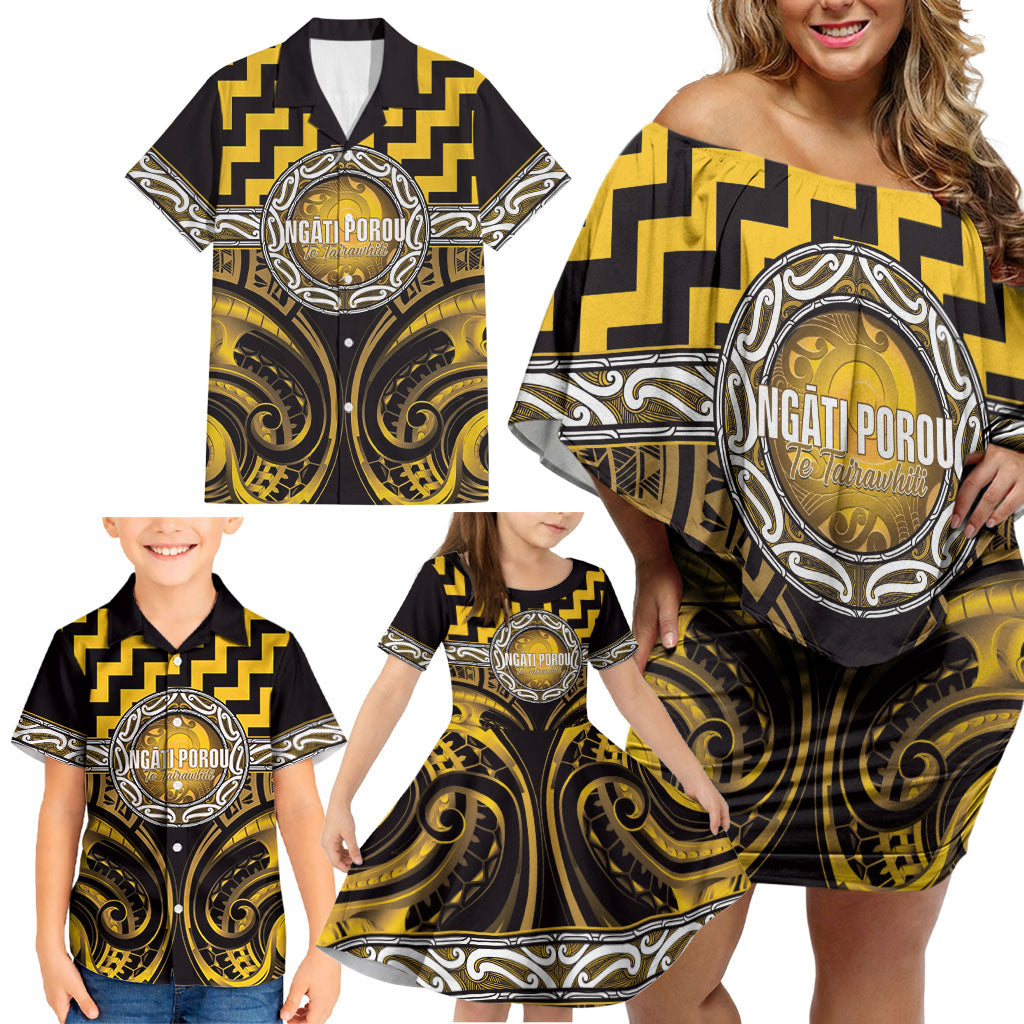 Aotearoa Ngati Porou Personalised Family Matching Off Shoulder Short Dress and Hawaiian Shirt Maori Iwi Poutama Puhoro Tattoo