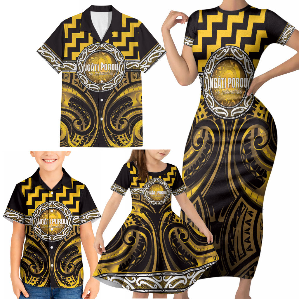 Aotearoa Ngati Porou Personalised Family Matching Short Sleeve Bodycon Dress and Hawaiian Shirt Maori Iwi Poutama Puhoro Tattoo