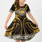 Aotearoa Ngati Porou Personalised Kid Short Sleeve Dress Maori Iwi Poutama Puhoro Tattoo