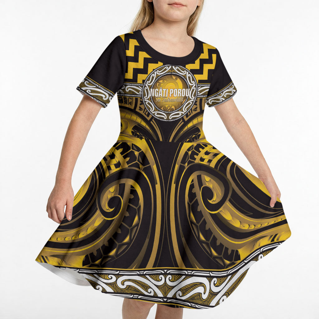 Aotearoa Ngati Porou Personalised Kid Short Sleeve Dress Maori Iwi Poutama Puhoro Tattoo