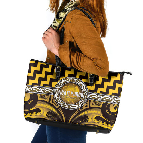 Aotearoa Ngati Porou Leather Tote Bag Maori Iwi Poutama Puhoro Tattoo
