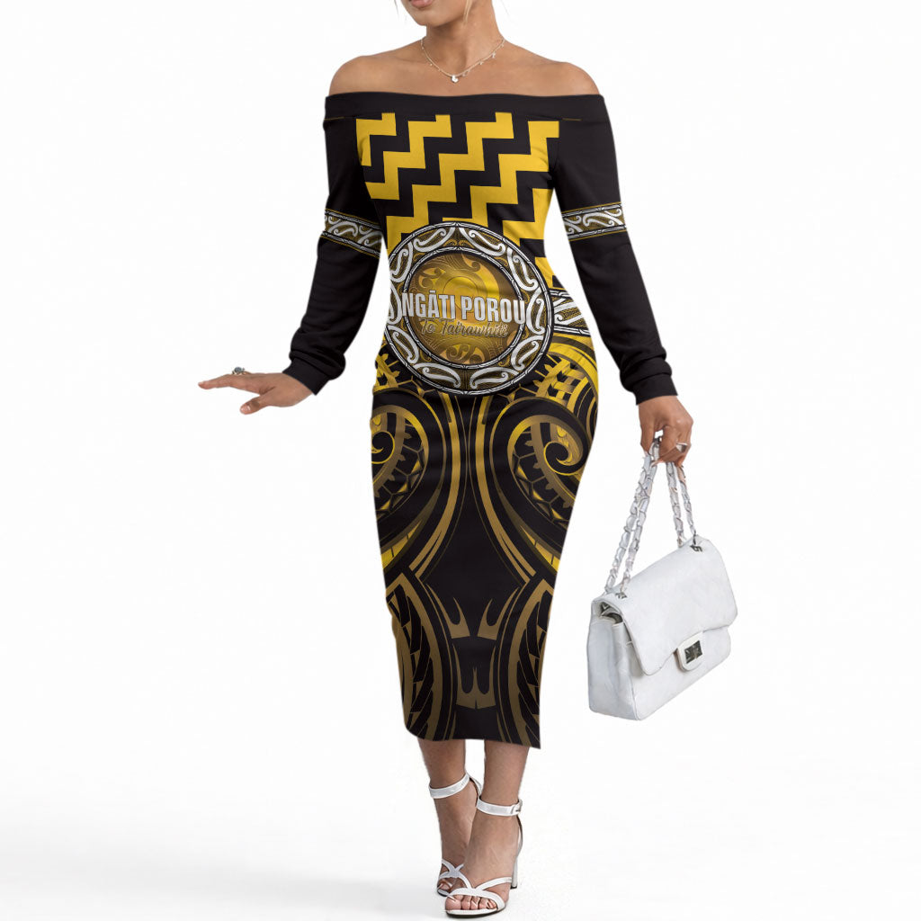 Aotearoa Ngati Porou Personalised Off The Shoulder Long Sleeve Dress Maori Iwi Poutama Puhoro Tattoo