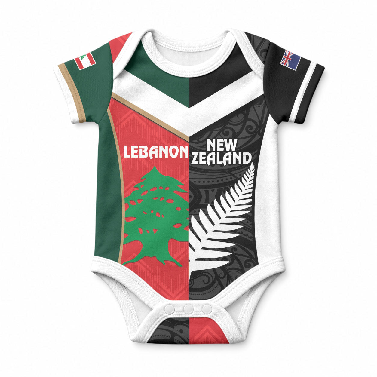 Custom Rugby New Zealand and Lebanon Baby Onesie All Black Cedars Together