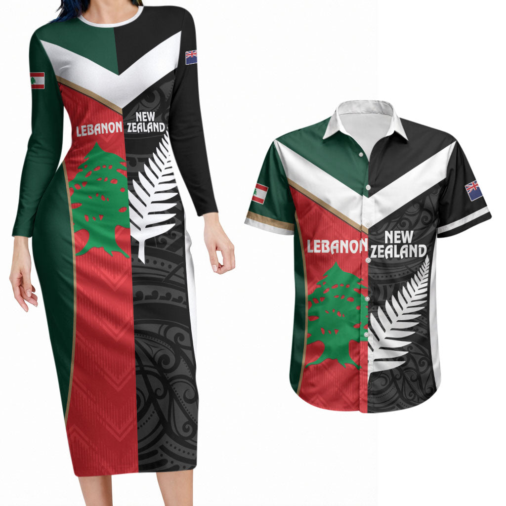 Custom Rugby New Zealand and Lebanon Couples Matching Long Sleeve Bodycon Dress and Hawaiian Shirt All Black Cedars Together