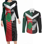 Custom Rugby New Zealand and Lebanon Couples Matching Long Sleeve Bodycon Dress and Long Sleeve Button Shirt All Black Cedars Together
