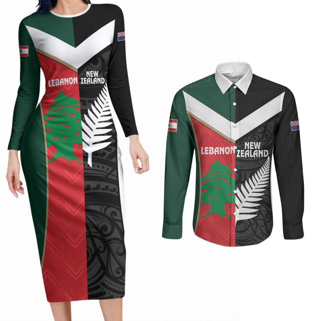Custom Rugby New Zealand and Lebanon Couples Matching Long Sleeve Bodycon Dress and Long Sleeve Button Shirt All Black Cedars Together