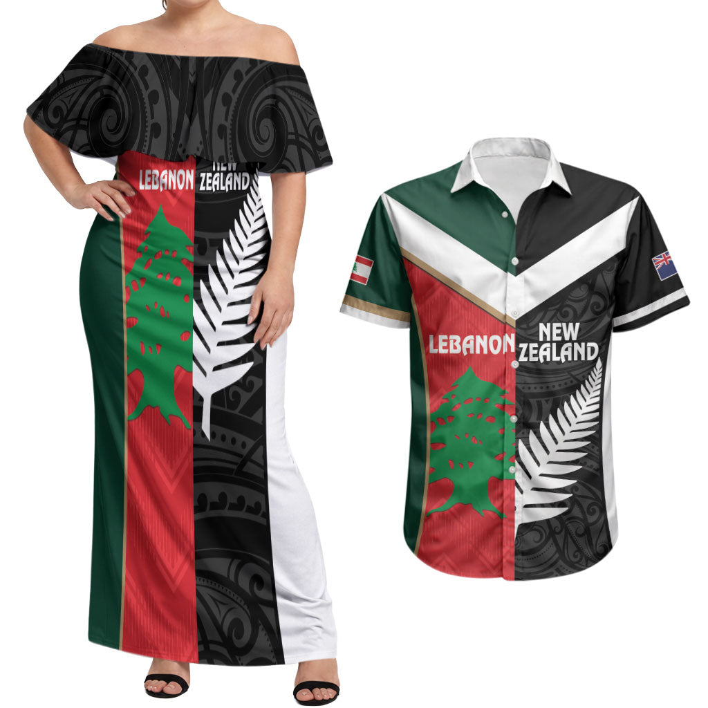 Custom Rugby New Zealand and Lebanon Couples Matching Off Shoulder Maxi Dress and Hawaiian Shirt All Black Cedars Together