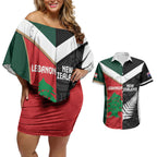 Custom Rugby New Zealand and Lebanon Couples Matching Off Shoulder Short Dress and Hawaiian Shirt All Black Cedars Together
