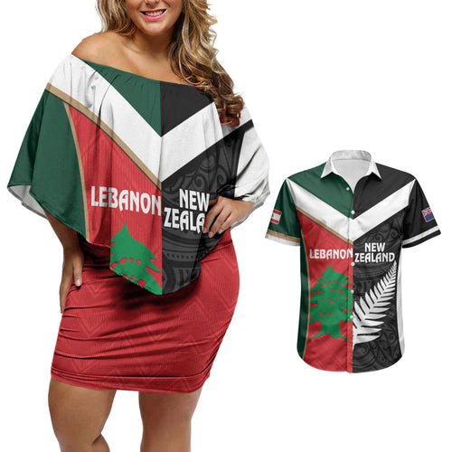 Custom Rugby New Zealand and Lebanon Couples Matching Off Shoulder Short Dress and Hawaiian Shirt All Black Cedars Together