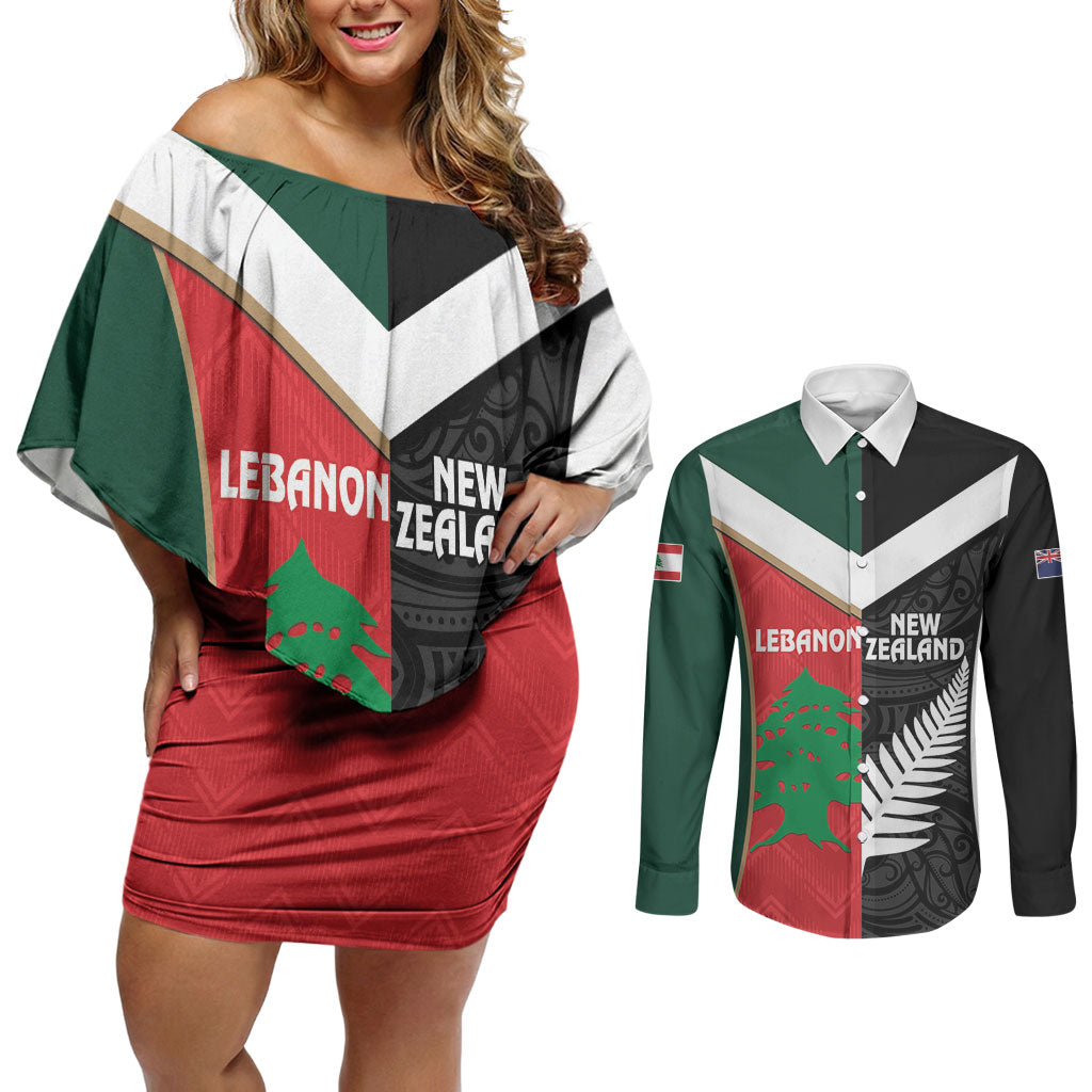 Custom Rugby New Zealand and Lebanon Couples Matching Off Shoulder Short Dress and Long Sleeve Button Shirt All Black Cedars Together