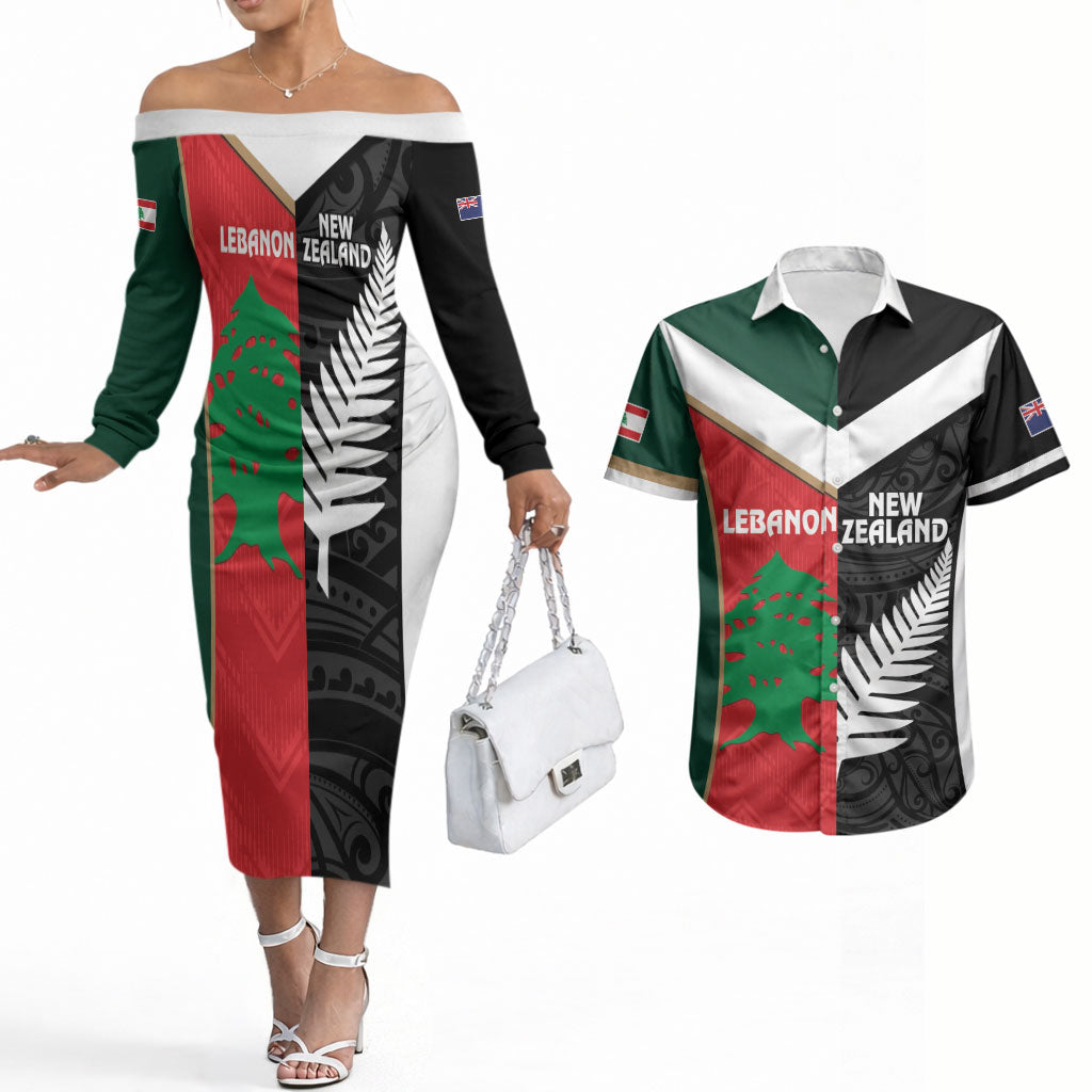 Custom Rugby New Zealand and Lebanon Couples Matching Off The Shoulder Long Sleeve Dress and Hawaiian Shirt All Black Cedars Together