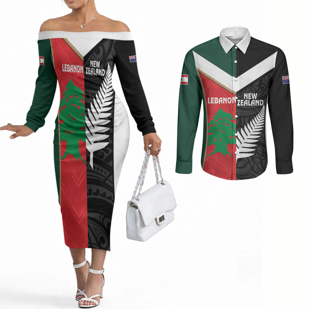 Custom Rugby New Zealand and Lebanon Couples Matching Off The Shoulder Long Sleeve Dress and Long Sleeve Button Shirt All Black Cedars Together