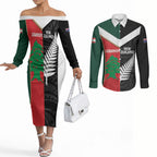 Custom Rugby New Zealand and Lebanon Couples Matching Off The Shoulder Long Sleeve Dress and Long Sleeve Button Shirt All Black Cedars Together