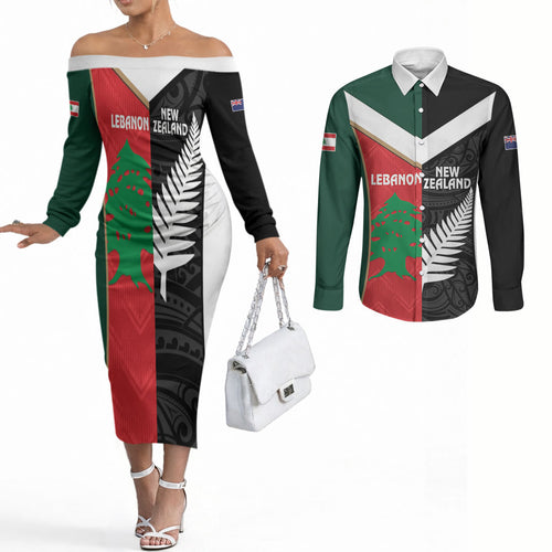 Custom Rugby New Zealand and Lebanon Couples Matching Off The Shoulder Long Sleeve Dress and Long Sleeve Button Shirt All Black Cedars Together