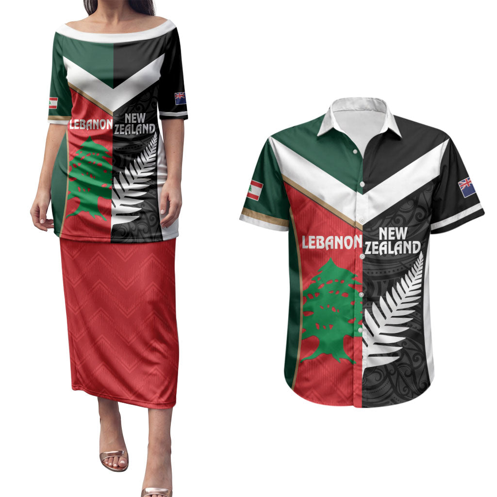 Custom Rugby New Zealand and Lebanon Couples Matching Puletasi and Hawaiian Shirt All Black Cedars Together