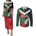 Custom Rugby New Zealand and Lebanon Couples Matching Puletasi and Long Sleeve Button Shirt All Black Cedars Together