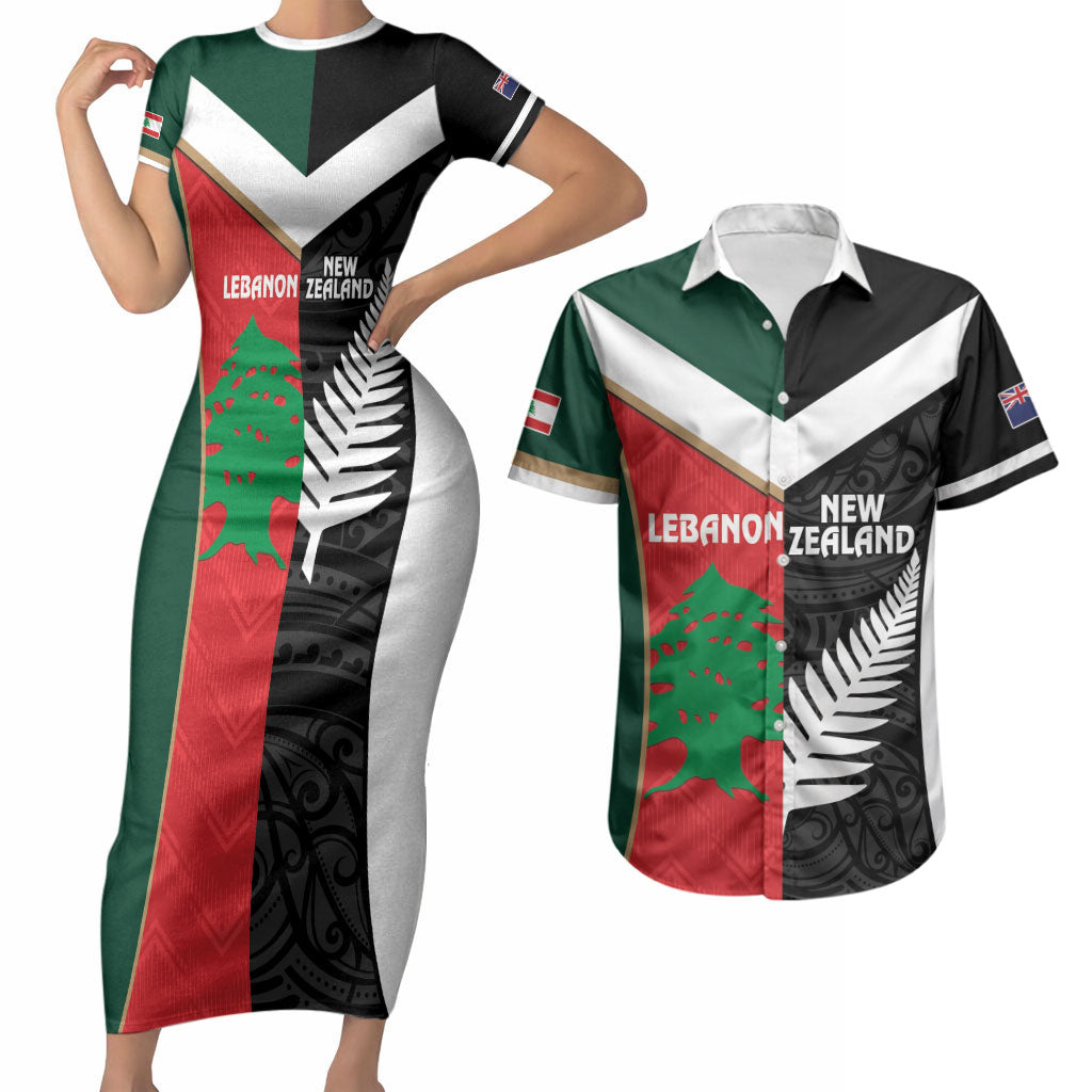 Custom Rugby New Zealand and Lebanon Couples Matching Short Sleeve Bodycon Dress and Hawaiian Shirt All Black Cedars Together