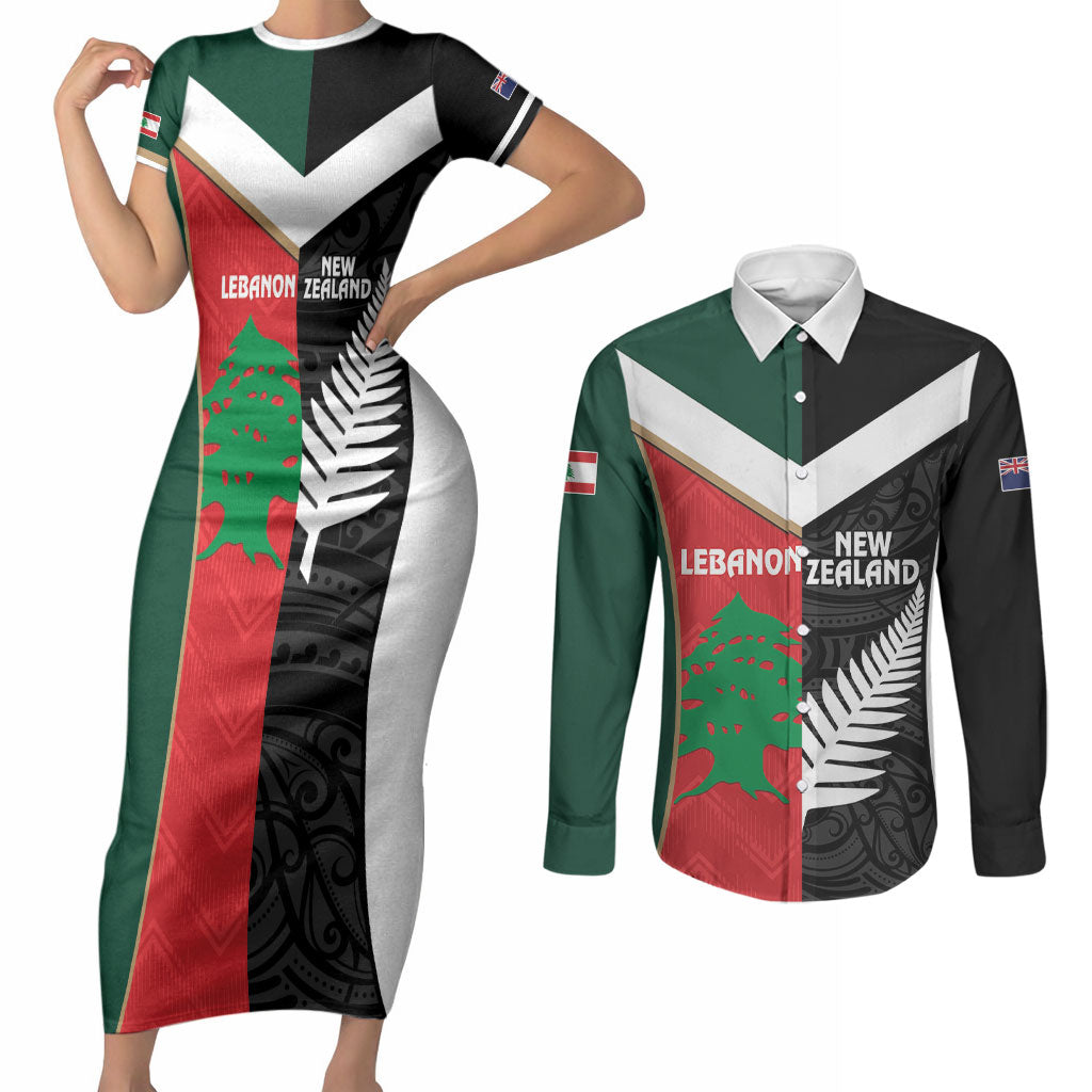 Custom Rugby New Zealand and Lebanon Couples Matching Short Sleeve Bodycon Dress and Long Sleeve Button Shirt All Black Cedars Together