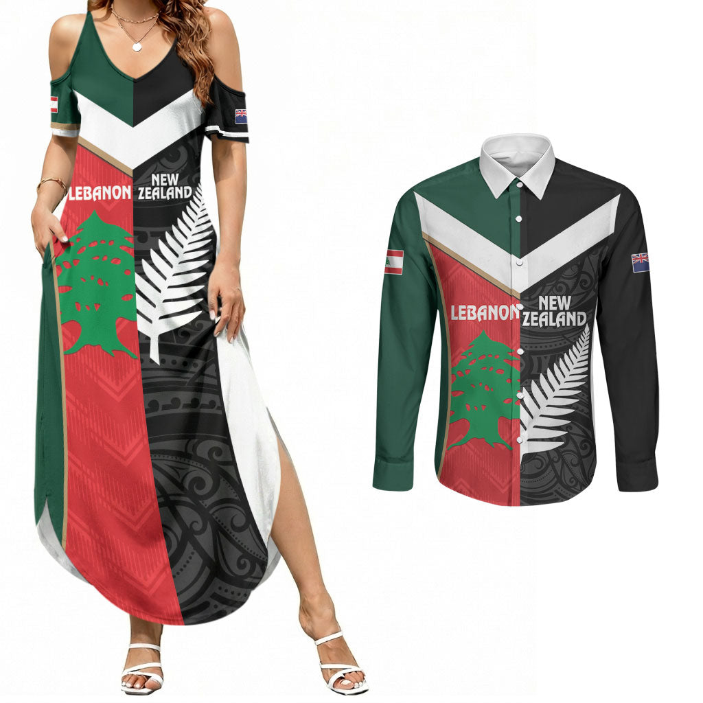 Custom Rugby New Zealand and Lebanon Couples Matching Summer Maxi Dress and Long Sleeve Button Shirt All Black Cedars Together