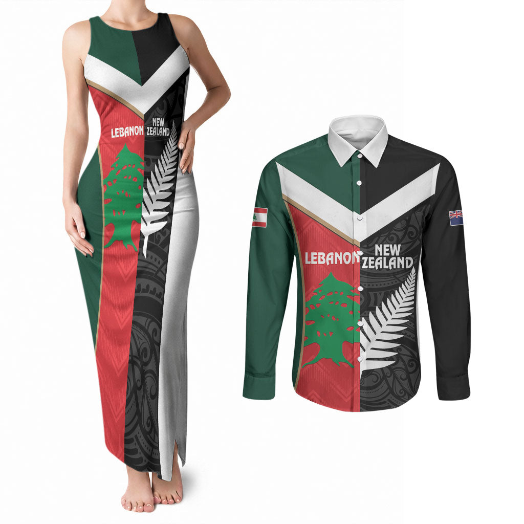 Custom Rugby New Zealand and Lebanon Couples Matching Tank Maxi Dress and Long Sleeve Button Shirt All Black Cedars Together