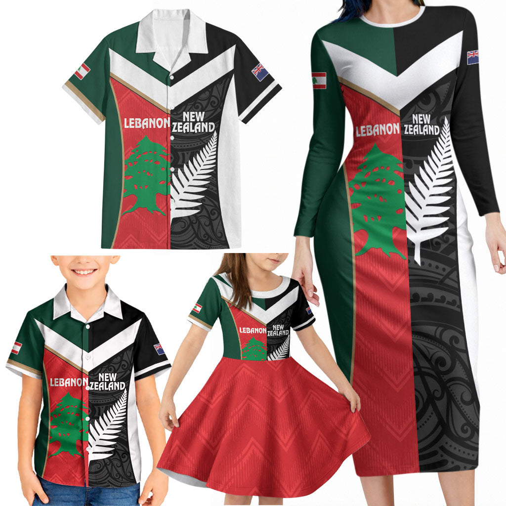 Custom Rugby New Zealand and Lebanon Family Matching Long Sleeve Bodycon Dress and Hawaiian Shirt All Black Cedars Together