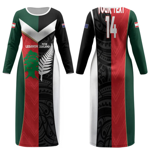 Custom Rugby New Zealand and Lebanon Family Matching Long Sleeve Bodycon Dress and Hawaiian Shirt All Black Cedars Together