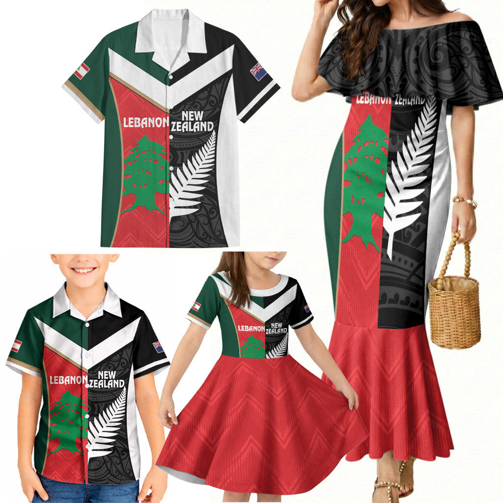 Custom Rugby New Zealand and Lebanon Family Matching Mermaid Dress and Hawaiian Shirt All Black Cedars Together