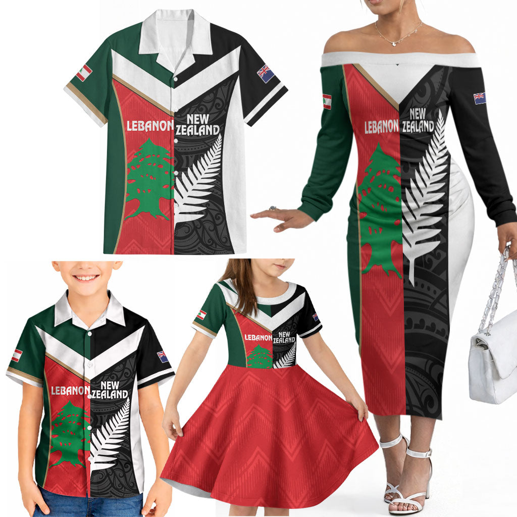 Custom Rugby New Zealand and Lebanon Family Matching Off The Shoulder Long Sleeve Dress and Hawaiian Shirt All Black Cedars Together