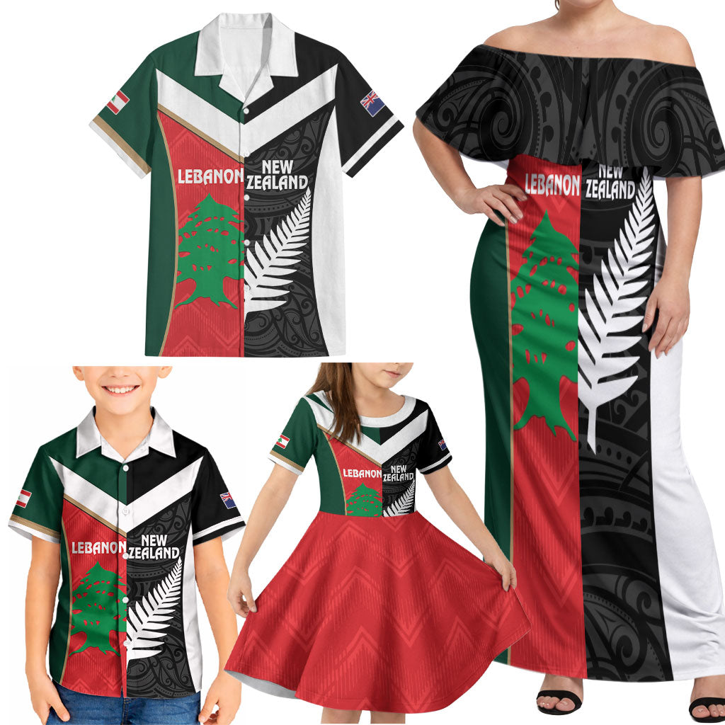 Custom Rugby New Zealand and Lebanon Family Matching Off Shoulder Maxi Dress and Hawaiian Shirt All Black Cedars Together