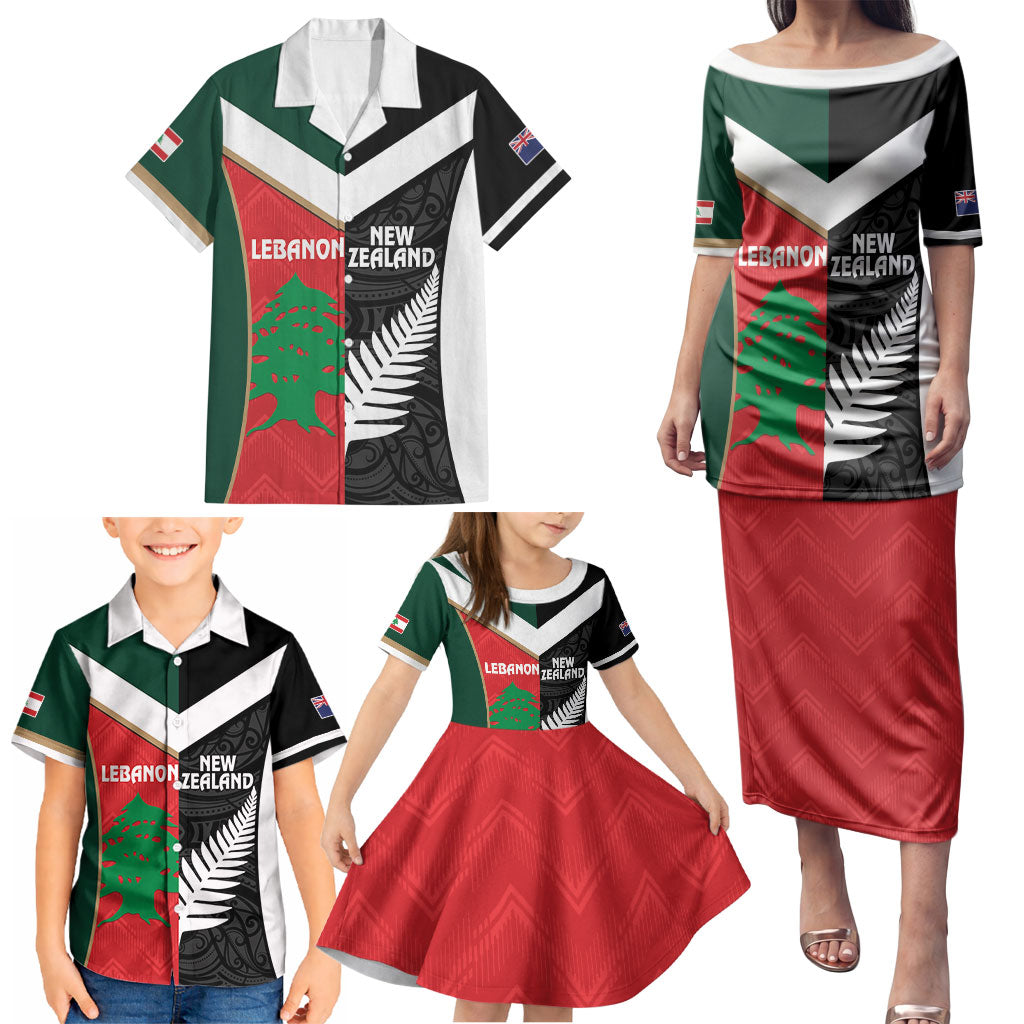 Custom Rugby New Zealand and Lebanon Family Matching Puletasi and Hawaiian Shirt All Black Cedars Together