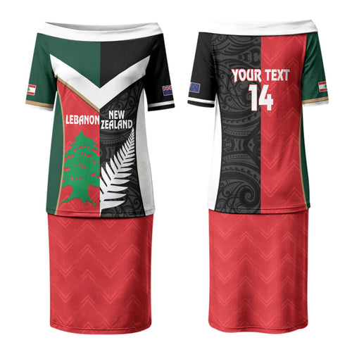 Custom Rugby New Zealand and Lebanon Family Matching Puletasi and Hawaiian Shirt All Black Cedars Together