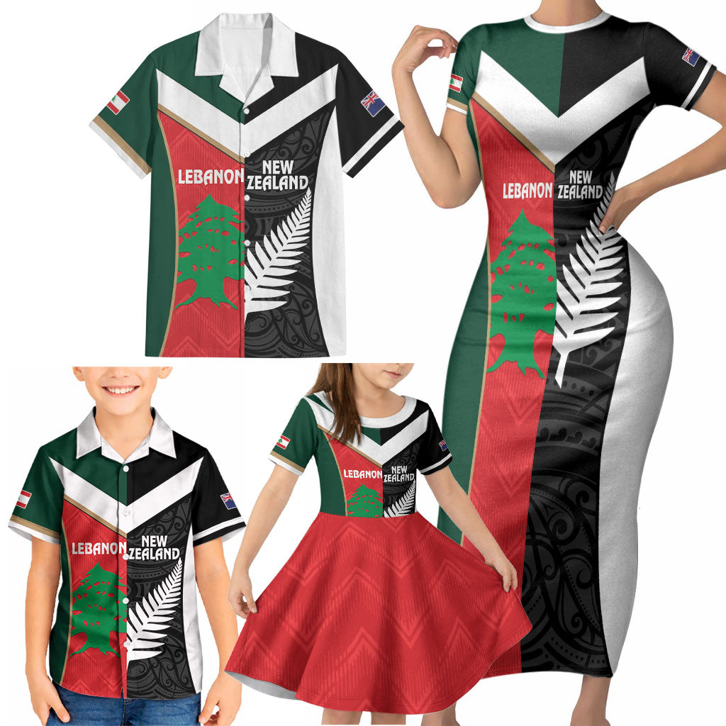 Custom Rugby New Zealand and Lebanon Family Matching Short Sleeve Bodycon Dress and Hawaiian Shirt All Black Cedars Together
