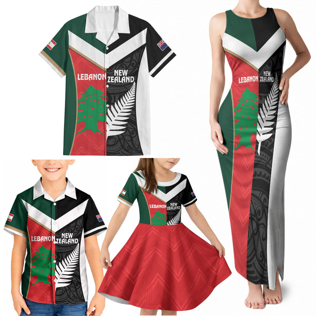 Custom Rugby New Zealand and Lebanon Family Matching Tank Maxi Dress and Hawaiian Shirt All Black Cedars Together