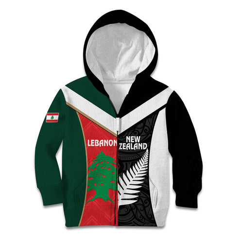 Custom Rugby New Zealand and Lebanon Kid Hoodie All Black Cedars Together
