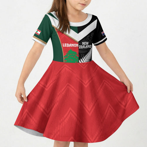 Custom Rugby New Zealand and Lebanon Kid Short Sleeve Dress All Black Cedars Together