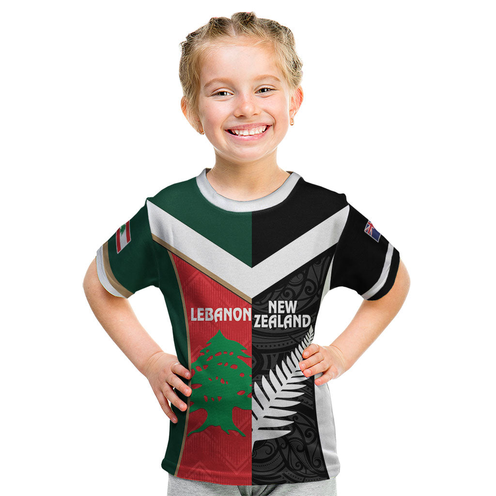 Custom Rugby New Zealand and Lebanon Kid T Shirt All Black Cedars Together