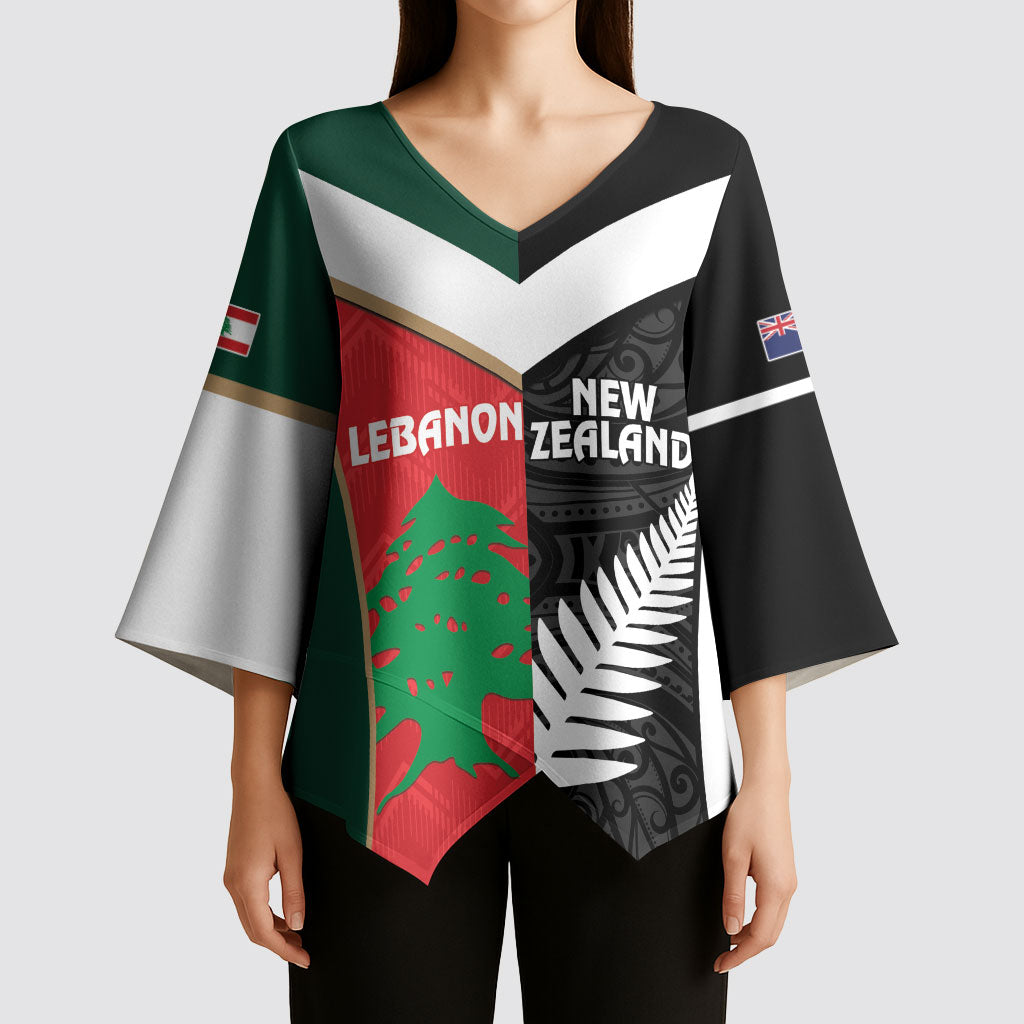 Custom Rugby New Zealand and Lebanon Kimono Sleeve Blouse All Black Cedars Together
