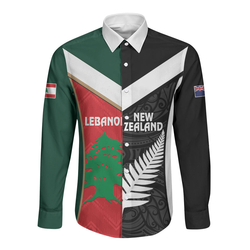 Custom Rugby New Zealand and Lebanon Long Sleeve Button Shirt All Black Cedars Together