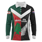 Custom Rugby New Zealand and Lebanon Long Sleeve Polo Shirt All Black Cedars Together