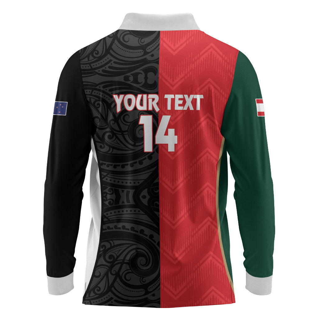 Custom Rugby New Zealand and Lebanon Long Sleeve Polo Shirt All Black Cedars Together