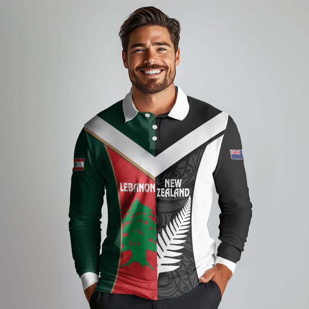 Custom Rugby New Zealand and Lebanon Long Sleeve Polo Shirt All Black Cedars Together