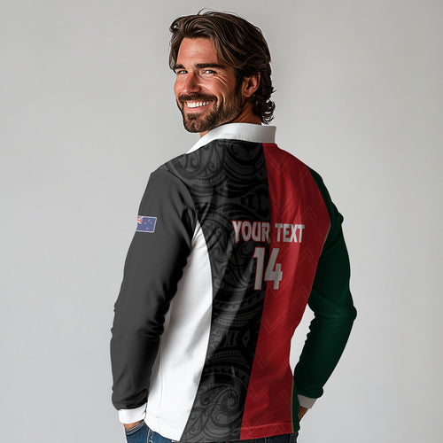 Custom Rugby New Zealand and Lebanon Long Sleeve Polo Shirt All Black Cedars Together
