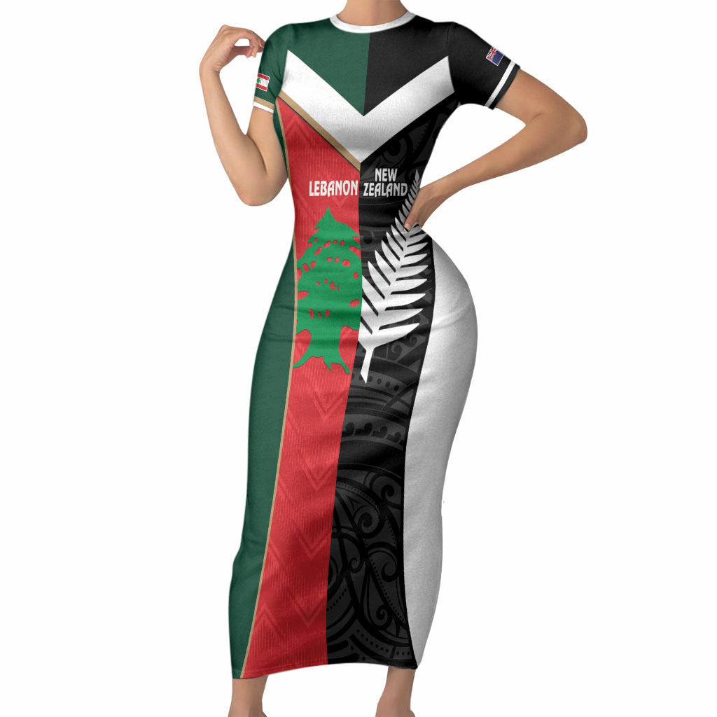 Custom Rugby New Zealand and Lebanon Short Sleeve Bodycon Dress All Black Cedars Together