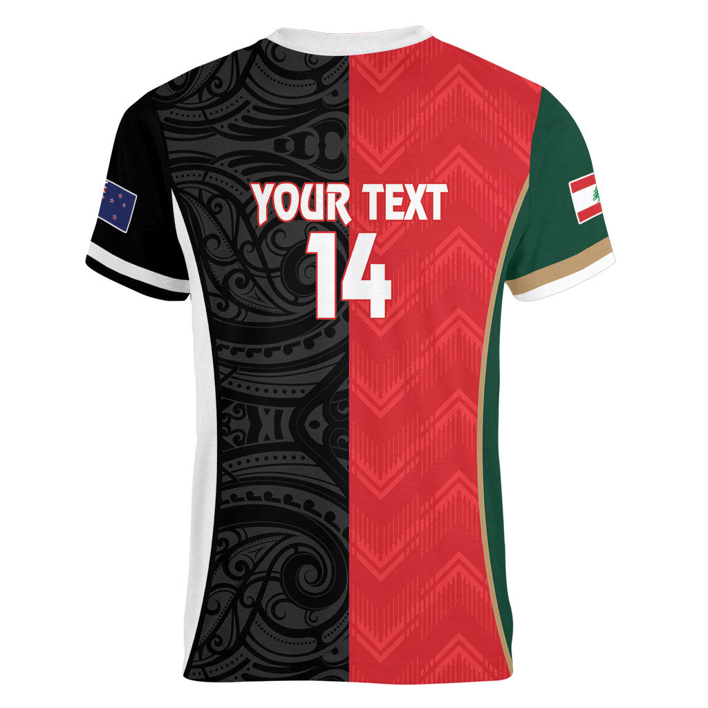 Custom Rugby New Zealand and Lebanon Women V-Neck T-Shirt All Black Cedars Together