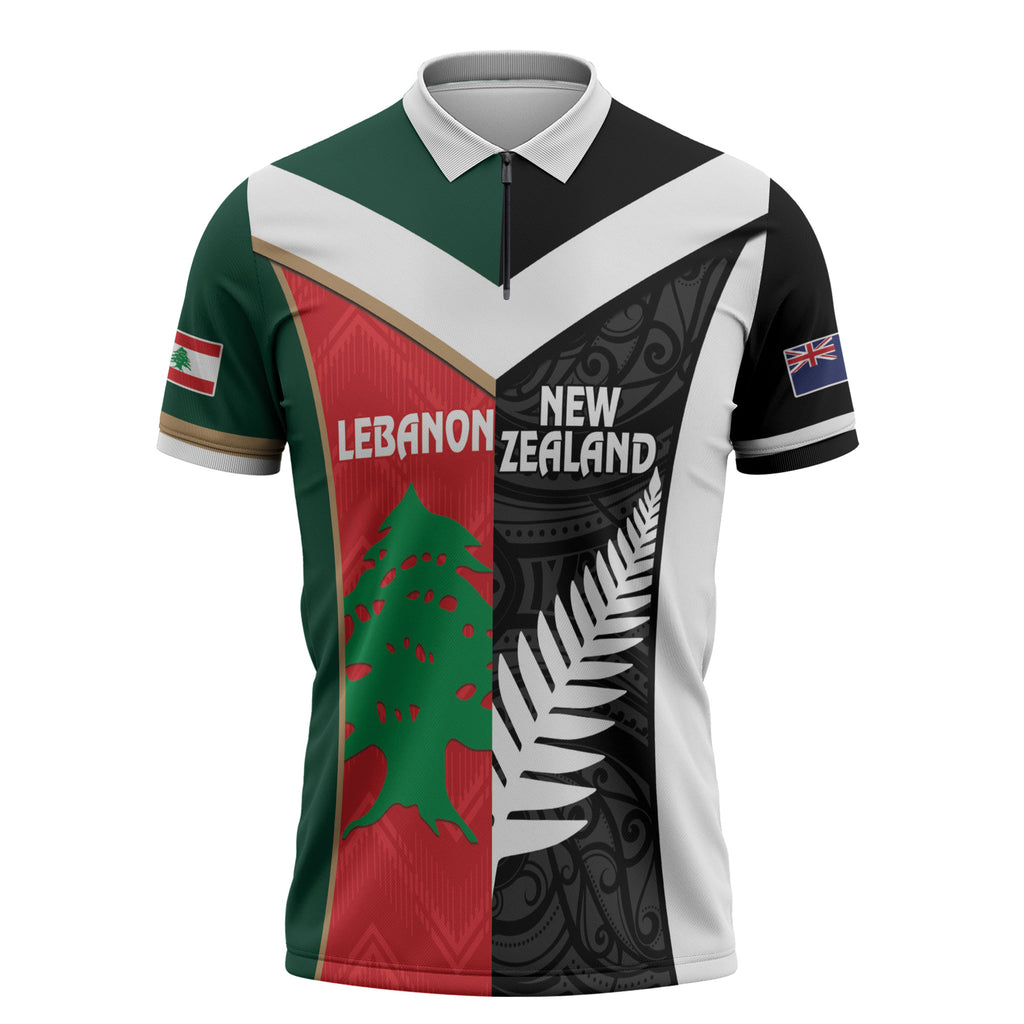 Custom Rugby New Zealand and Lebanon Zipper Polo Shirt All Black Cedars Together