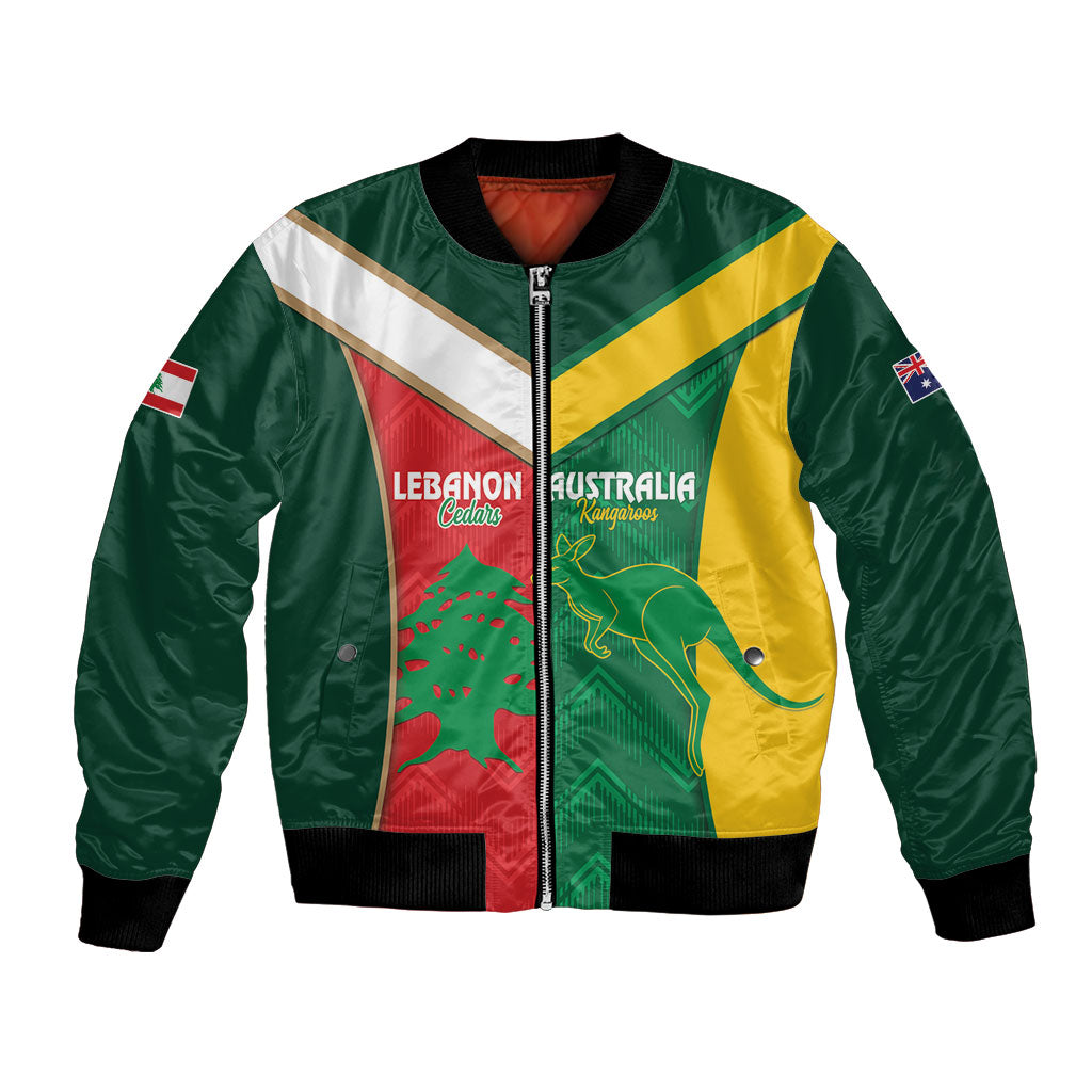 Custom Rugby Australia and Lebanon Bomber Jacket Aussie Kangaroos Cedars Together